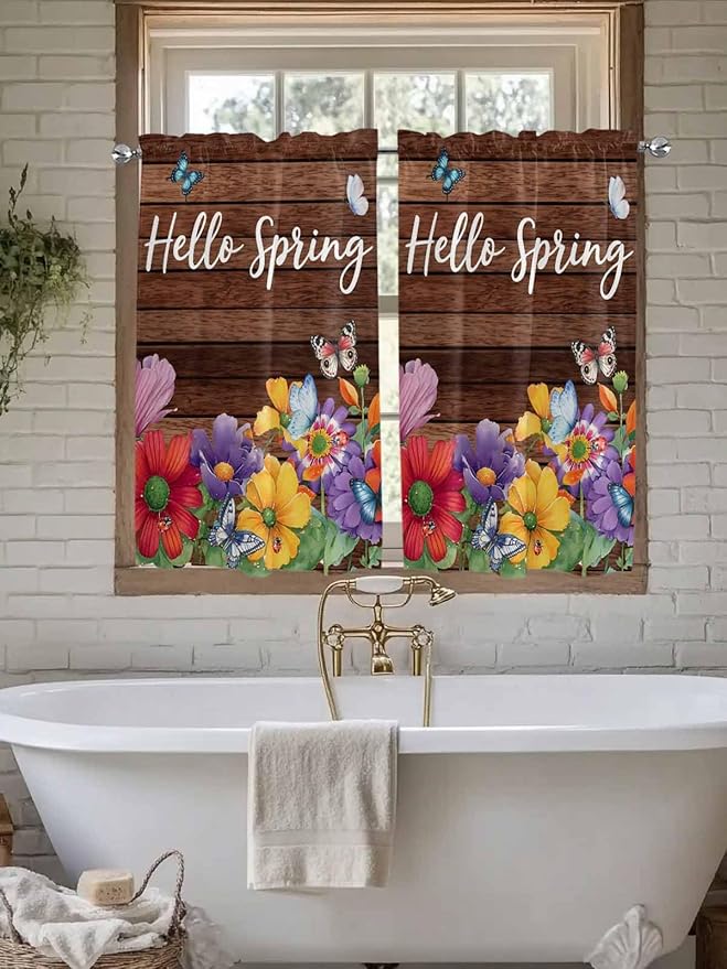 Spring Flowers Tier Curtains 45 Inches Long, Watercolor Farmhouse Colorful Wooden Grain Window Treatment Curtain Drapes, Small Curtain Drapes for Bathroom Laundry Room, 27.5"x45", 2 Panels