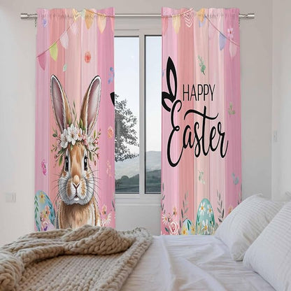 Easter Kitchen Curtains, Spring Rabbit Eggs Flowers Flags Leaves Wood Grain Light Filtering Window Curtain Panels, 2Pcs Rod Pocket Window Treatments Set for Living Room Bathroom Bedroom 52x72 Inches
