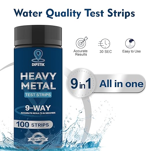 9 Way Heavy Metals Water Test Strips, 100ct Home Water Testing Kit for Iron, Mercury, Copper, Lead, Chromium, Magnesium, Cadmium, Calcium,Zinc