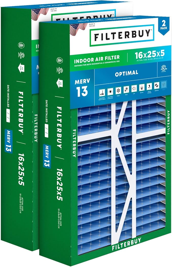 Filterbuy 16x25x5 Air Filter MERV 13 Optimal Smoke & Allergy Defense (2-Pack), Pleated HVAC AC Furnace Filters for Amana, Coleman, Goodman, Maytag, York, and More (Actual Size: 15.38 x 25.50 x 5.25)
