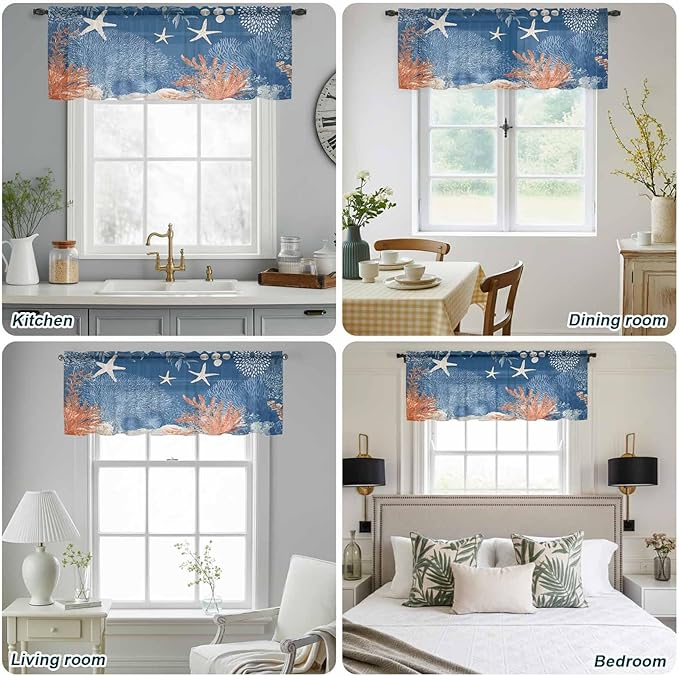 Ocean Corals Sheer Valance Curtains, Summer Beach Coral Sea Stars Dark Blue Light Filtering Kitchen Valances Rod Pocket Voile Curtain Window Treatment for Bedroom/Living Room/Basement 60Wx18L