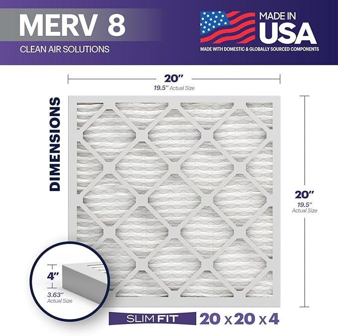 BNX TruFilter 20x20x4 (19.5’’ x 19.5’’ x 3.63‘’ Slim Fit) MERV 8 Air Filter 2-Pack - MADE IN USA - Air Conditioner Furnace Filters HVAC AC Furnace Filters for Dust, Pet, Mold, Pollen MPR 600-700 FPR 5