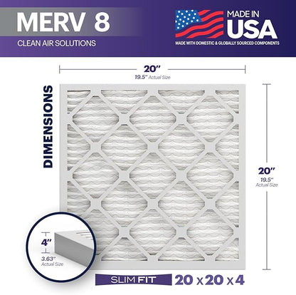 BNX TruFilter 20x20x4 (19.5’’ x 19.5’’ x 3.63‘’ Slim Fit) MERV 8 Air Filter 2-Pack - MADE IN USA - Air Conditioner Furnace Filters HVAC AC Furnace Filters for Dust, Pet, Mold, Pollen MPR 600-700 FPR 5