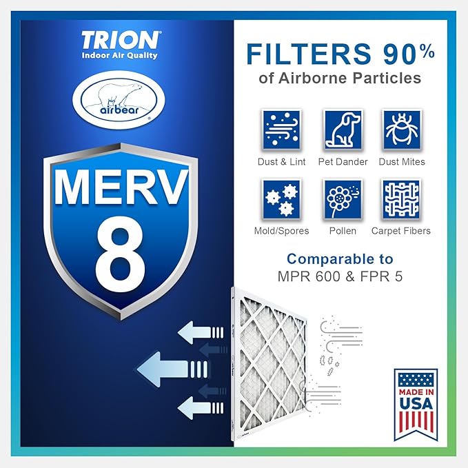 20x20x1 Air Filter MERV 8 (8-Pack) TRION Air Bear Pleated HVAC Air Filters Replacement (Actual Size: 19.50 x 19.50 x 0.75 Inches)