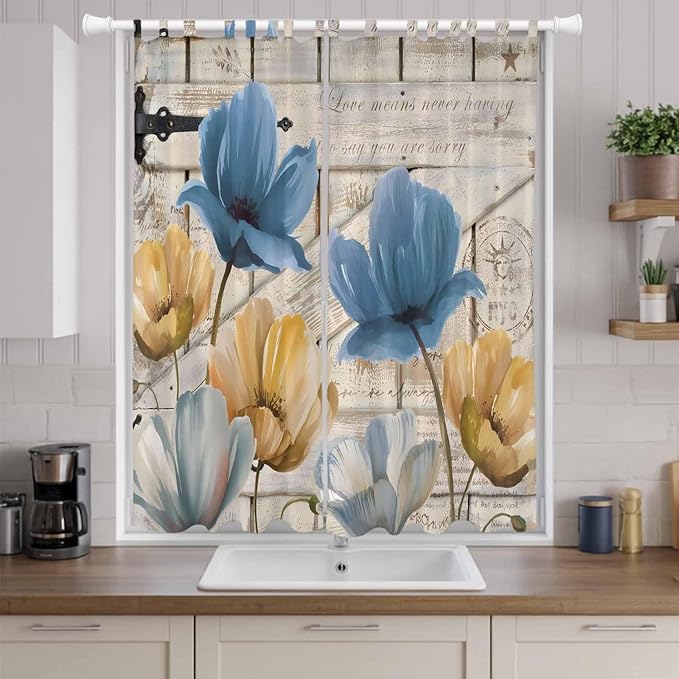 Blue Yellow Tulips Living Room Curtains 96 Inch Length, Window Curtains Tab Top, Retro Farmhouse Flower Barn Doors Wooden Light Filtering Window Treatments Drapes 52"x96" 2 Panel
