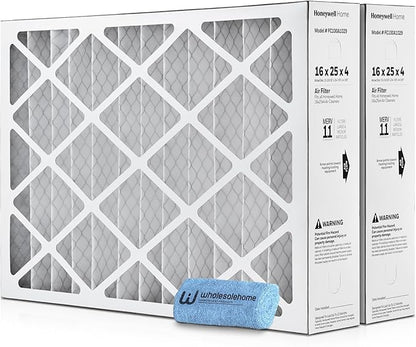 16x25x4 Air Filter Replacement MERV 11, FC100A1029 Pleated HVAC AC Furnace Filters with Wholesalehome Cleaning Cloth, 2-Pack (Actual Size: 15.94 x 24.86 x 4.38 Inches)