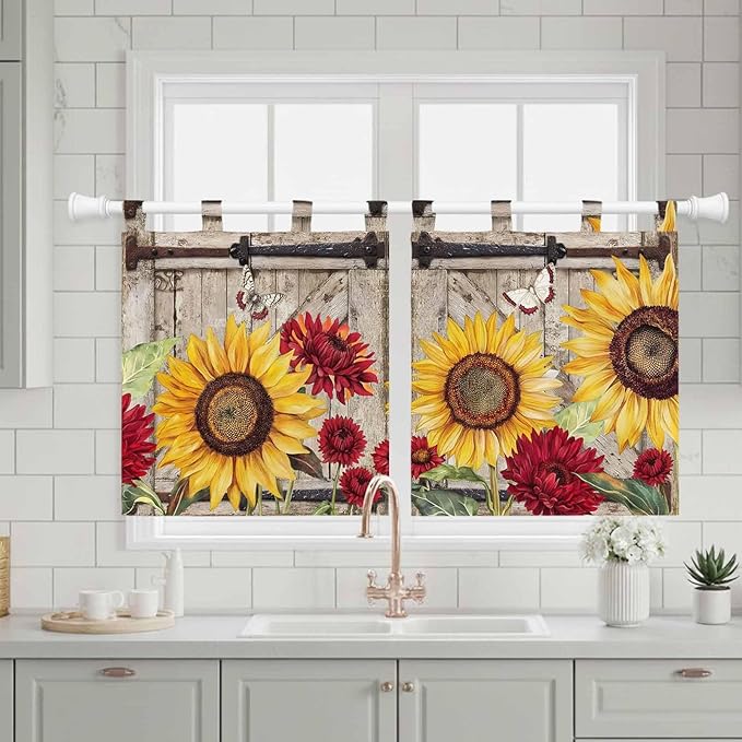 Sunflowers Kitchen Curtains 24 Inch Length, Small Window Curtains Tab Top, Retro Flower Barn Doors Butterfly Farmhouse Brown Light Filtering Short Window Treatments Tier Drapes 27.5"x24" 2 Panel