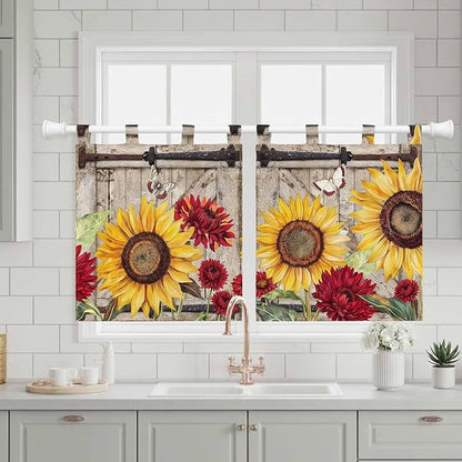 Sunflowers Kitchen Curtains 24 Inch Length, Small Window Curtains Tab Top, Retro Flower Barn Doors Butterfly Farmhouse Brown Light Filtering Short Window Treatments Tier Drapes 27.5"x24" 2 Panel