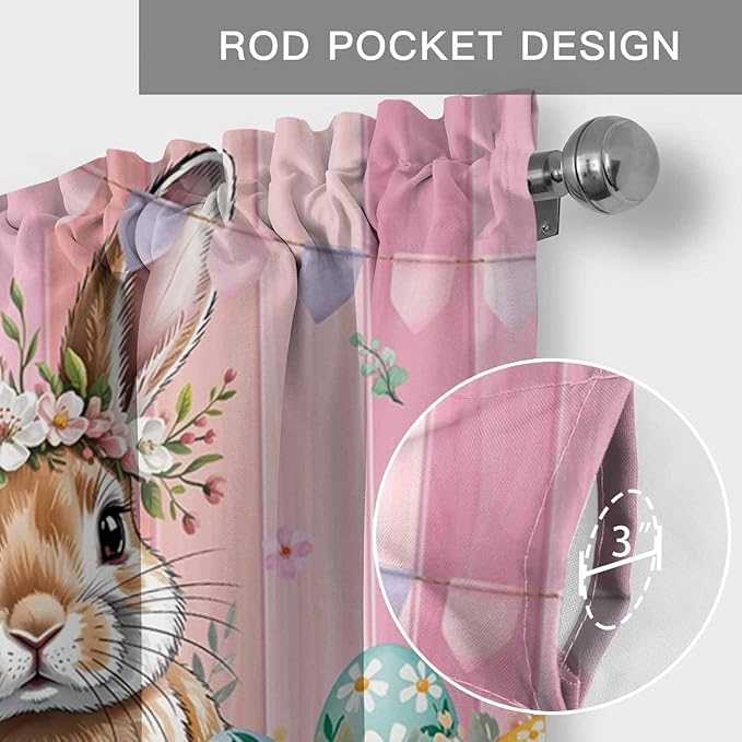 Easter Curtain Valances for Windows, Kitchen Valance Window Treatment, Spring Rabbit Eggs Flowers Flags Leaves Wood Grain Light Filtering Block Curtains for Bathroom/Bedroom/Living Room 42'' x 12''