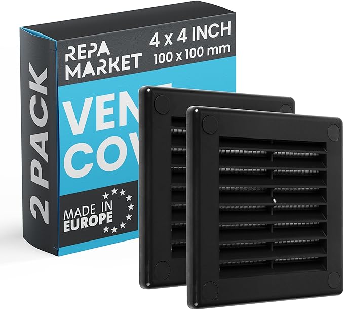 Repa Market 4 x 4 Inch (Outer) Black Square Air Vent Cover - Pack of 2 Plastic Fresh Air Intake Vent - AC Cover with Nylon Mesh Screen, Wall, Ceiling HVAC Return Air Register, Modern Soffit Vents