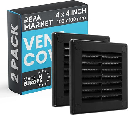 Repa Market 4 x 4 Inch (Outer) Black Square Air Vent Cover - Pack of 2 Plastic Fresh Air Intake Vent - AC Cover with Nylon Mesh Screen, Wall, Ceiling HVAC Return Air Register, Modern Soffit Vents