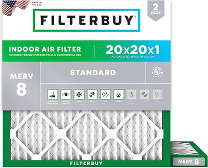 Filterbuy 20x20x1 Air Filter MERV 8 Essential Dust & Allergy Defense (2-Pack), Electrostatic Pleated HVAC AC Furnace Filters Replacement, Made in USA (Actual Size: 19.50 x 19.50 x 0.75)