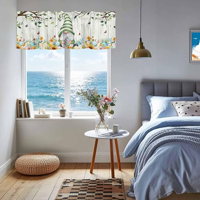 Easter Gnomes Curtain Valances for Windows, Kitchen Valance Window Treatment, Spring Watercolor Eggs Flower Wood Grain Light Filtering Block Curtains for Bathroom/Bedroom/Living Room 42'' x 18''