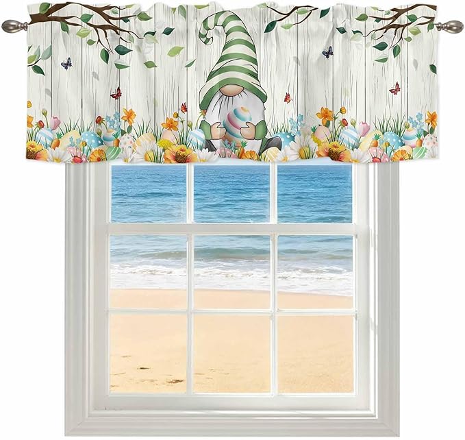 Easter Gnomes Curtain Valances for Windows, Kitchen Valance Window Treatment, Spring Watercolor Eggs Flower Wood Grain Light Filtering Block Curtains for Bathroom/Bedroom/Living Room 54'' x 18''