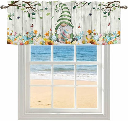 Easter Gnomes Curtain Valances for Windows, Kitchen Valance Window Treatment, Spring Watercolor Eggs Flower Wood Grain Light Filtering Block Curtains for Bathroom/Bedroom/Living Room 54'' x 18''