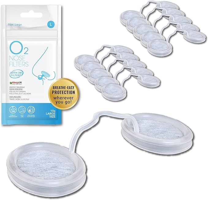 O2 Nose Filters with 3M Filtration - Nasal Screens for Allergies, Dust & Smoke - Drug-Free & Latex-Free Nose Filters - Invisible Allergy Protection (Large x 10)