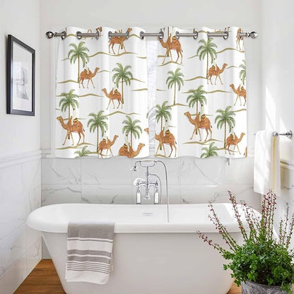2 Panel Kitchen Cafe Curtains, Desert Camels Sunlight Filtering Nature Air Through, Home Decor Window Covering Tier Curtains for Bedroom Living Room Tropical Date Palm Trees Animal