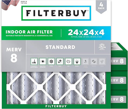 Filterbuy 24x24x4 Air Filter MERV 8 Essential Dust & Allergy Defense (4-Pack), Electrostatic Pleated HVAC AC Furnace Filters Replacement, Made in USA (Actual Size: 23.38 x 23.38 x 3.63)
