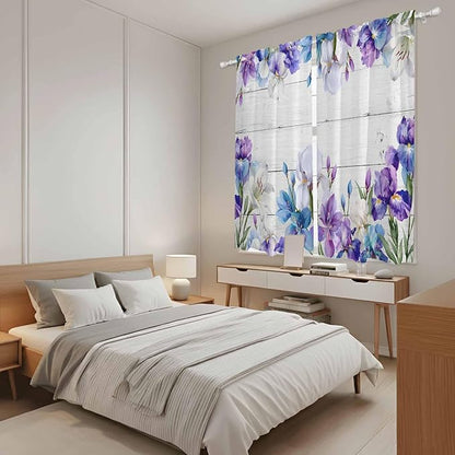 Spring Flowers Kitchen Curtains, Watercolor Garden Florals Wooden Grain Light Filtering Window Curtain Panels, 2Pcs Rod Pocket Window Treatments Set for Living Room Bathroom Bedroom 42x63 Inches