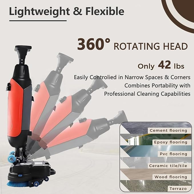 Rechargeable Floor Cleaner and Wet Dry Floor Machine, 17" Commercial Floor Scrubber, Dual-Brush Heads, Cordless Electric Floor Mop Cleaning Capacity 13000 Sqft/H, for Villa Hospital Office Gray