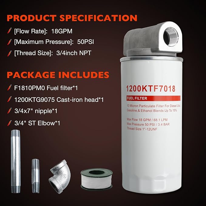 1200KTF7018 Fuel Filter Spin-On Particulate Replacement for Transfer Pumps FR112 FR1210G FR610G,18 GPM Flow Rate,50 PSI- Includes 1200KTG9075 Filter Head, 3/4" ST Elbow, and 3/4" x 7" Nipple