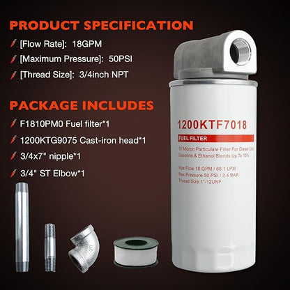 1200KTF7018 Fuel Filter Spin-On Particulate Replacement for Transfer Pumps FR112 FR1210G FR610G,18 GPM Flow Rate,50 PSI- Includes 1200KTG9075 Filter Head, 3/4" ST Elbow, and 3/4" x 7" Nipple