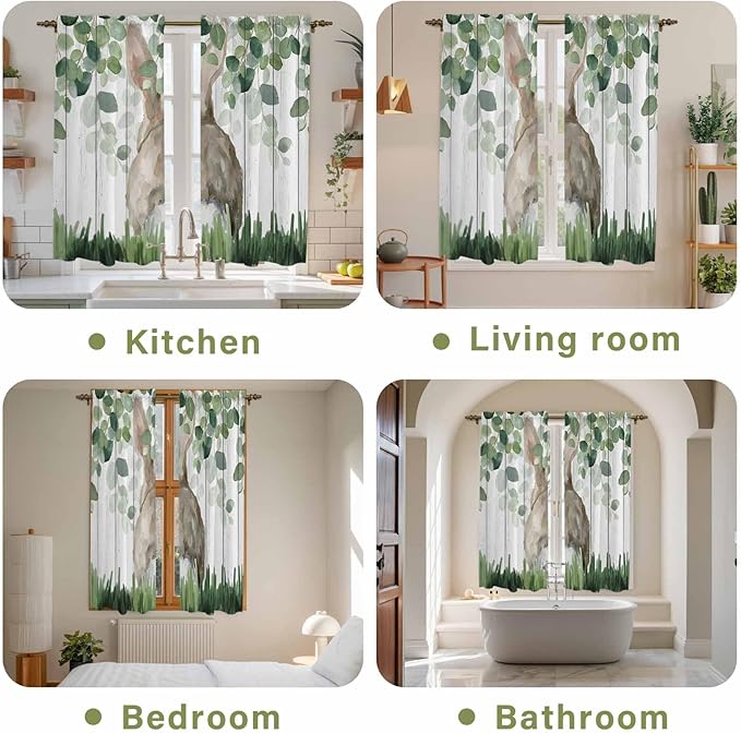 Easter Kitchen Curtains, Country Rabbit Botanical Leaves Wooden Grain Light Filtering Window Curtain Panels, 2Pcs Rod Pocket Window Treatments Set for Living Room Bathroom Bedroom 42x63 Inches