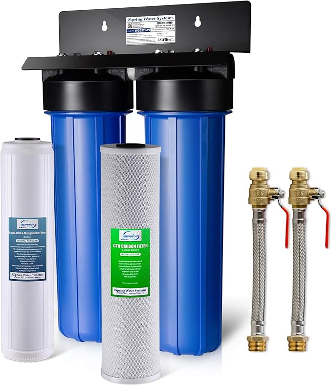iSpring WGB22B-PB+AHPF12MNPT16X2 2-Stage Whole House Water Filtration System with 20” x 4.5” Carbon Block and Lead Reducing Filters and 3/4" Push-fit Stainless Steel Hose Connectors, Blue