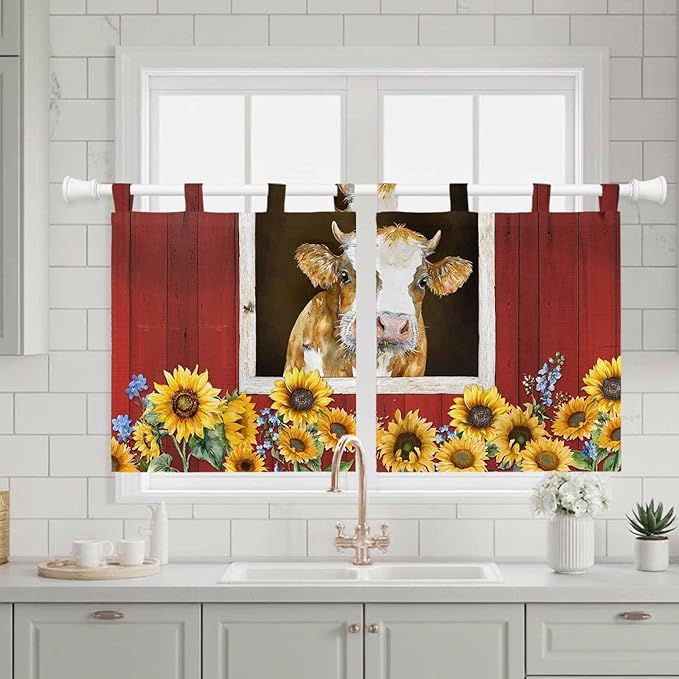 Cows Sunflowers Kitchen Curtains 24 Inch Length, Small Window Curtains Tab Top, Spring Floral Bees Farmhouse Barn Light Filtering Short Window Treatments Tier Drapes 27.5"x24" 2 Panel