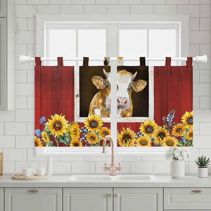 Cows Sunflowers Kitchen Curtains 24 Inch Length, Small Window Curtains Tab Top, Spring Floral Bees Farmhouse Barn Light Filtering Short Window Treatments Tier Drapes 27.5"x24" 2 Panel