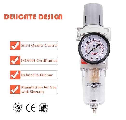 RIH 1/4" NPT Compressed Air Filter Regulator Combo Piggyback, 5 Micron Brass Element, Poly Bowl, Semi-Auto Drain, Metal Bracket, 0-150 psi Gauge Air Tool Compressor Filter with Gauge (1/4" NPT)
