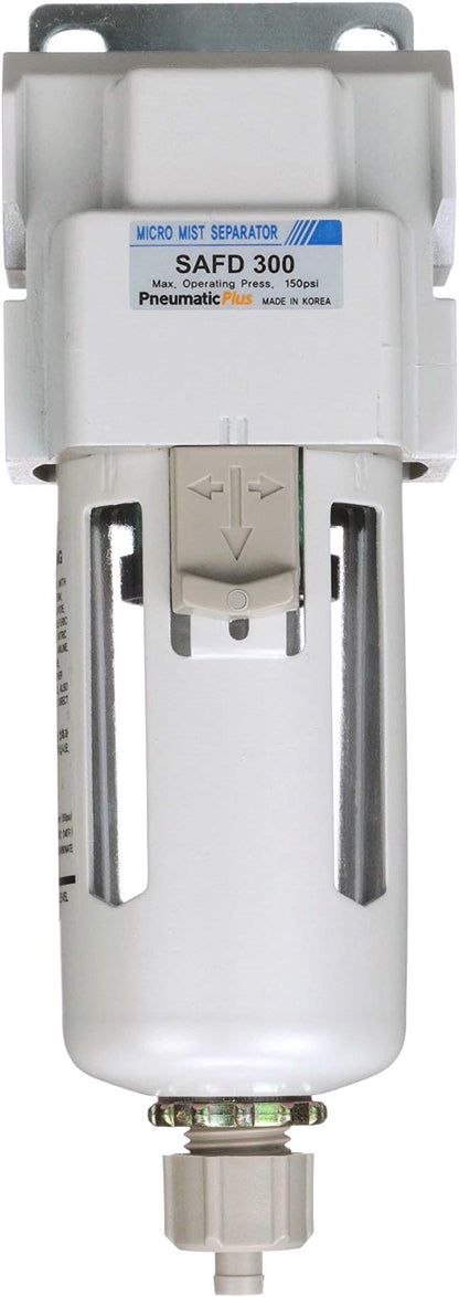 PneumaticPlus SAFD300-N03B Compressed Air Coalescing Filter, 0.01 Micron 3/8" NPT - Poly Bowl, Manual Drain, Bracket
