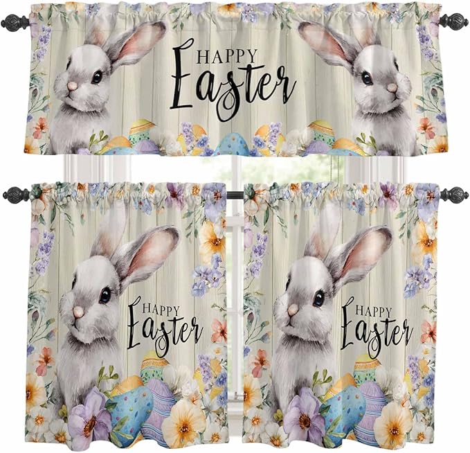 Easter Grey Bunny Kitchen Curtains Set 3 Piece for Windows,Rod Pocket Valance and Tier Set 24 Inch Length,Spring Colorful Eggs Flower Wooden Grain Light Filtering Cafe Curtains for Living Room