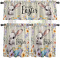 Easter Grey Bunny Kitchen Curtains Set 3 Piece for Windows,Rod Pocket Valance and Tier Set 24 Inch Length,Spring Colorful Eggs Flower Wooden Grain Light Filtering Cafe Curtains for Living Room