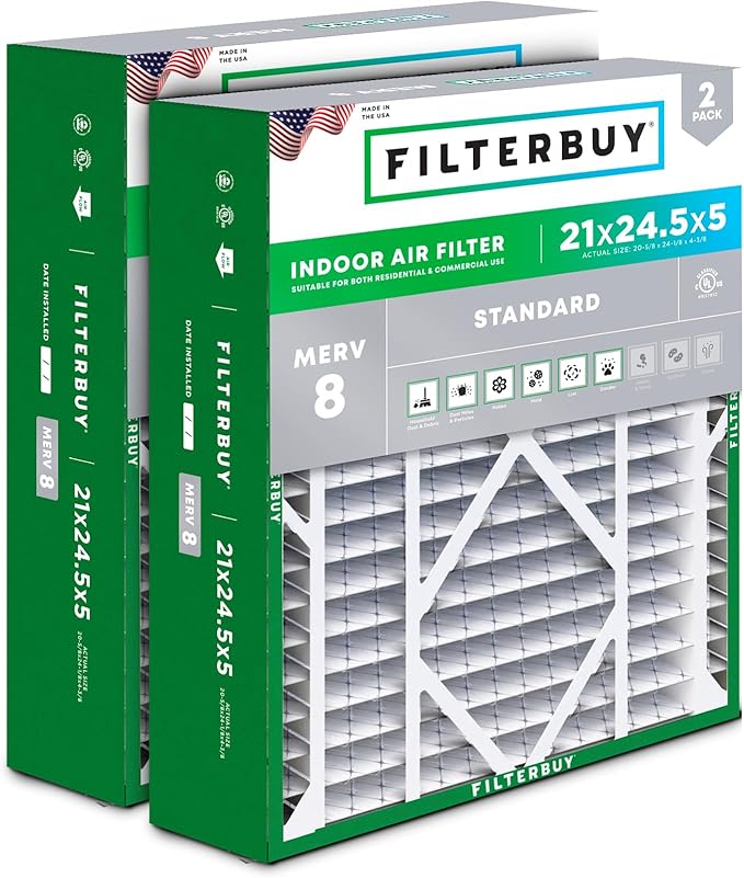 Filterbuy 21x24.5x5 Air Filter MERV 8 Essential Dust & Allergy Defense (2-Pack), Electrostatic Pleated HVAC AC Furnace Filters for Rheem, Ruud, and Protech (Actual Size: 20.63 x 24.13 x 4.38)