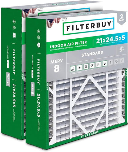 Filterbuy 21x24.5x5 Air Filter MERV 8 Essential Dust & Allergy Defense (2-Pack), Electrostatic Pleated HVAC AC Furnace Filters for Rheem, Ruud, and Protech (Actual Size: 20.63 x 24.13 x 4.38)