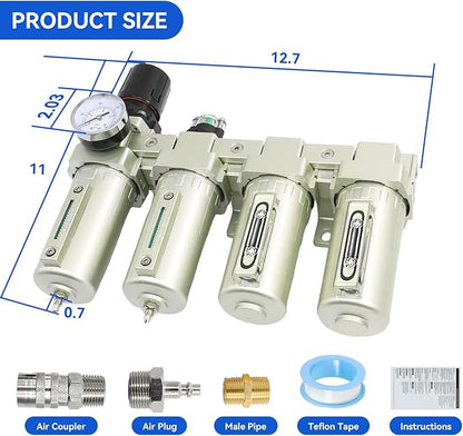 1/2" NPT Industrial Grade 4 Stage Air-Dryer-for-Compressor, Air-Compressor-Water-Separator-System for Plasma Cutter and Paint Spray,2Filter&2Dryer System.Manual Drain