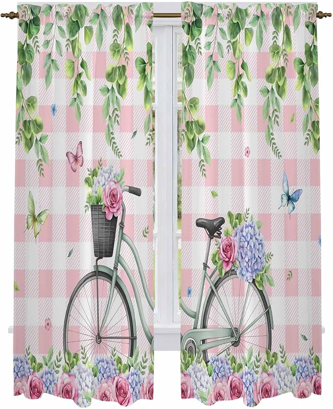 Spring Kitchen Curtains, Bicycles Leaves Butterfly Flowers Pink Buffalo Plaid Light Filtering Window Curtain Panels, 2Pcs Rod Pocket Window Treatments Set for Living Room Bathroom Bedroom 52x72 Inches