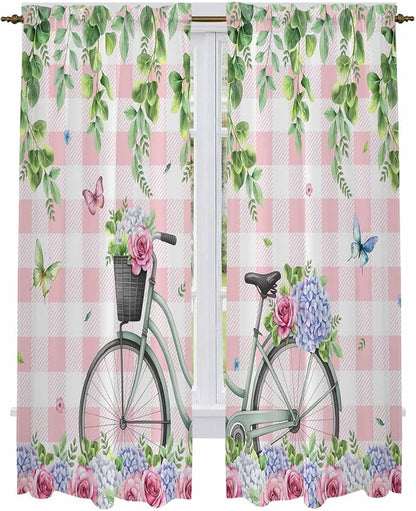 Spring Kitchen Curtains, Bicycles Leaves Butterfly Flowers Pink Buffalo Plaid Light Filtering Window Curtain Panels, 2Pcs Rod Pocket Window Treatments Set for Living Room Bathroom Bedroom 52x72 Inches