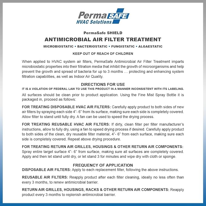 PermaSafe HVAC Solutions, Antimicrobial Air Filter Treatment, Odor Inhibitor, and Indoor Air Quality Enhancer & Protectant