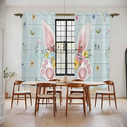 Easter Window Curtains 72 Inch Long 2 Panel Set, Rod Pocket Long Curtains & Drapes, Spring Rabbits Ears Feet Flowers Wooden Grain Light Filtering Window Treatment for Bedroom Living Room 52"W x 72"L