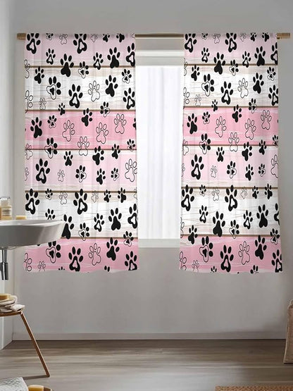 Sheer Curtains 63 Inch Length, Pink Beige Paw Print Semi Sheer Curtains Light Filtering Window Treatment, Vintage Farmhouse Country Wooden Grain Privacy Voile Drapes for Living Room Bedroom 52x63 Inch