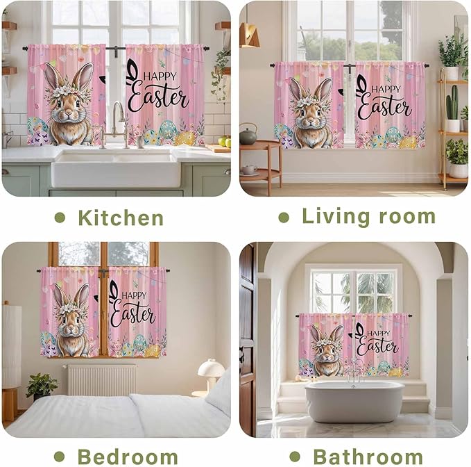 Easter Tier Curtains, Spring Rabbit Eggs Flowers Flags Leaves Wood Grain Light Filtering Kitchen Curtains, 2Pcs Rod Pocket Half Window Treatments Panels for Sink Cafe Cabinet Basement 27.5x45 Inches