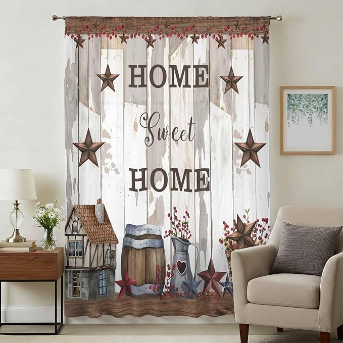 Farmhouse Sheer Curtains 72 Inch Length Retro Country Star Berry Vintage Wood Grain Chiffon Curtain for Bedroom Living Room Light Filtering Rod Pocket Window Treatments Voile Curtains Drapes