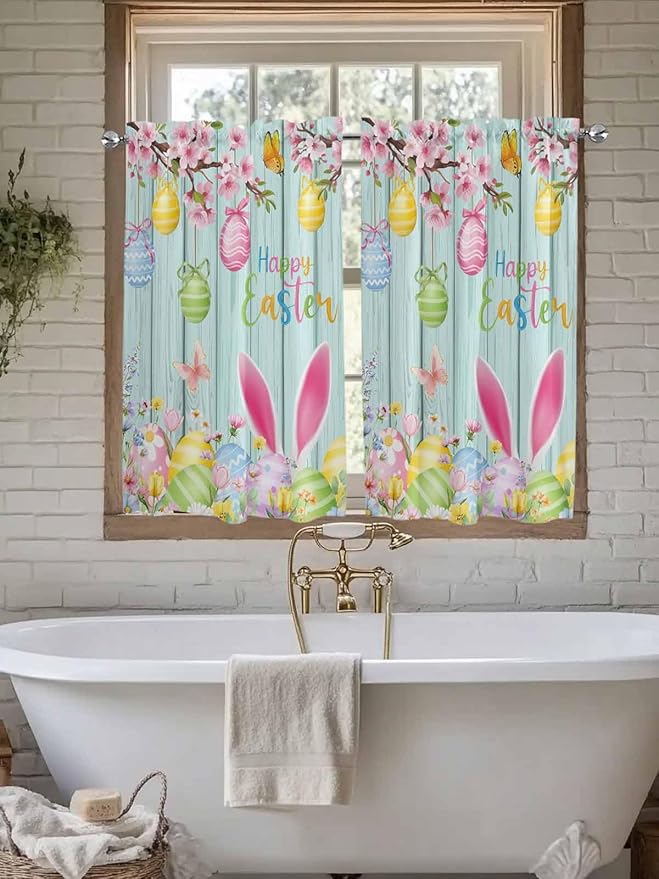 Happy Easter Tier Curtains 45 Inches Long, Spring Bunny Eggs Flower Teal Wood Grain Window Treatment Curtain Drapes, Window Half Privacy Curtains for Bedroom Bathroom, 42"x45", 2 Panels