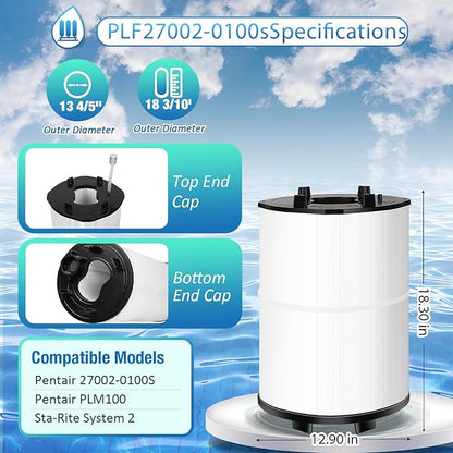 Upgraded 27002-0100s Pool Rinseable Cartridge. Compatible with sta-rite 27002-0100S Pool and Spa D.E. Filter and PLM100 System 2 Modular Media. 100 Sq.FtFiltration Area，with Air Bleed Assembly