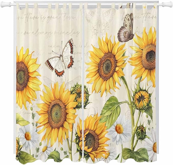 Farm Sunflowers Living Room Curtains 84 Inch Length, Window Curtains Tab Top, Retro Flowers Butterfly Botanical Beige Light Filtering Window Treatments Drapes 52"x84" 2 Panel