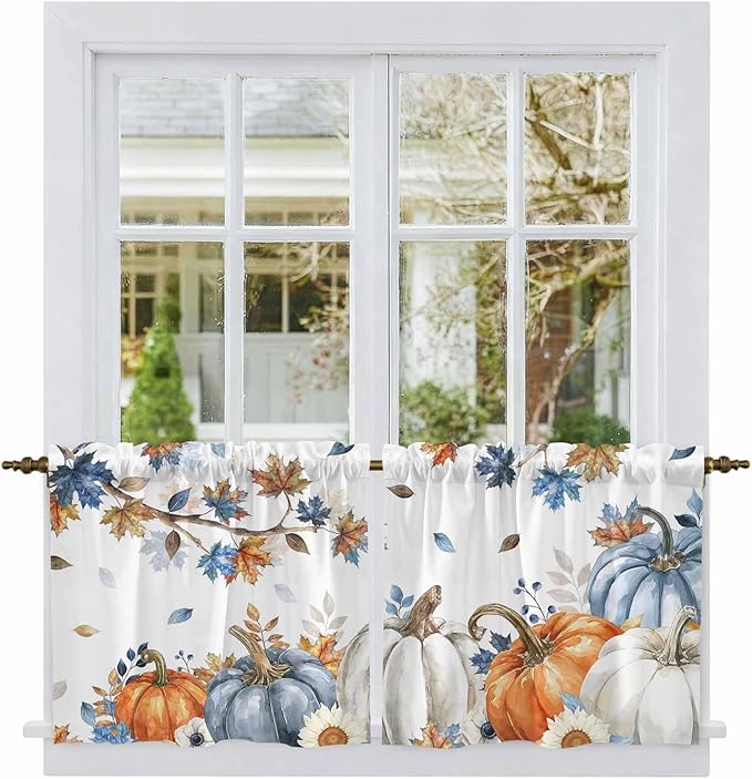 Navy Blue Pumpkin Fall Kitchen Tier Curtains 24 Inch Long 2 Panel Set,Rod Pocket Cafe Small Window Curtains Over Sink,Thanksgiving Maple Leaves Branches Short Drapes for Bathroom Cabinet 27.5"W x 24"L
