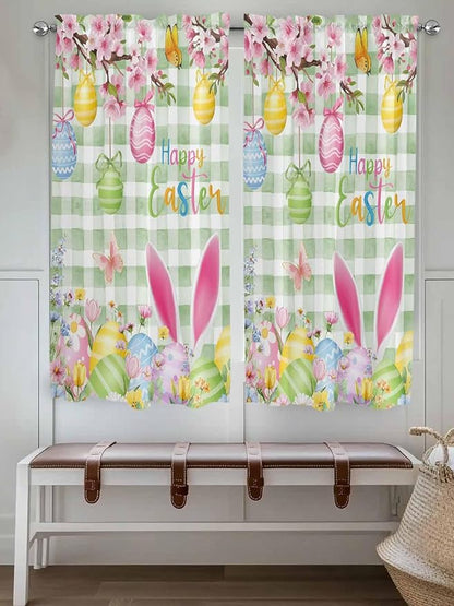 Happy Easter Bedroom Curtains 63 Inches length, Spring Bunny Eggs Flower Sage Green Plaid Window Treatment Curtain Drapes, Rod Pocket Curtain Panels for Living Room Kitchen, 42"x63", 2 Panels