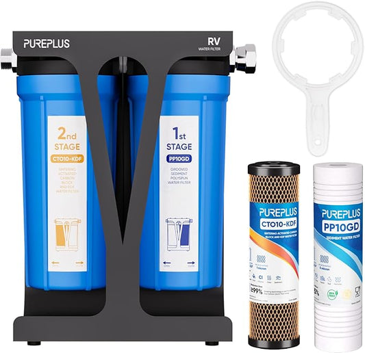 PUREPLUS RV Dual Stage Water Filter System with Grooved Sediment and KDF/Carbon Cartridges, Stainless Steel 3/4" Fittings, Reduces Sediment, Heavy Metals, Chlorine, Odors and More